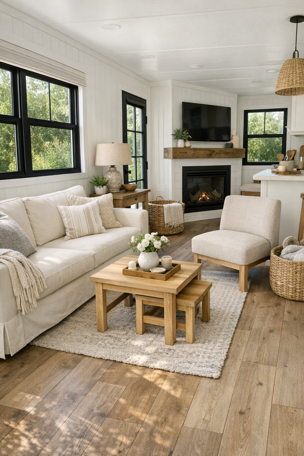 Bright farmhouse-style living room with a slipcovered sofa and light wood accents