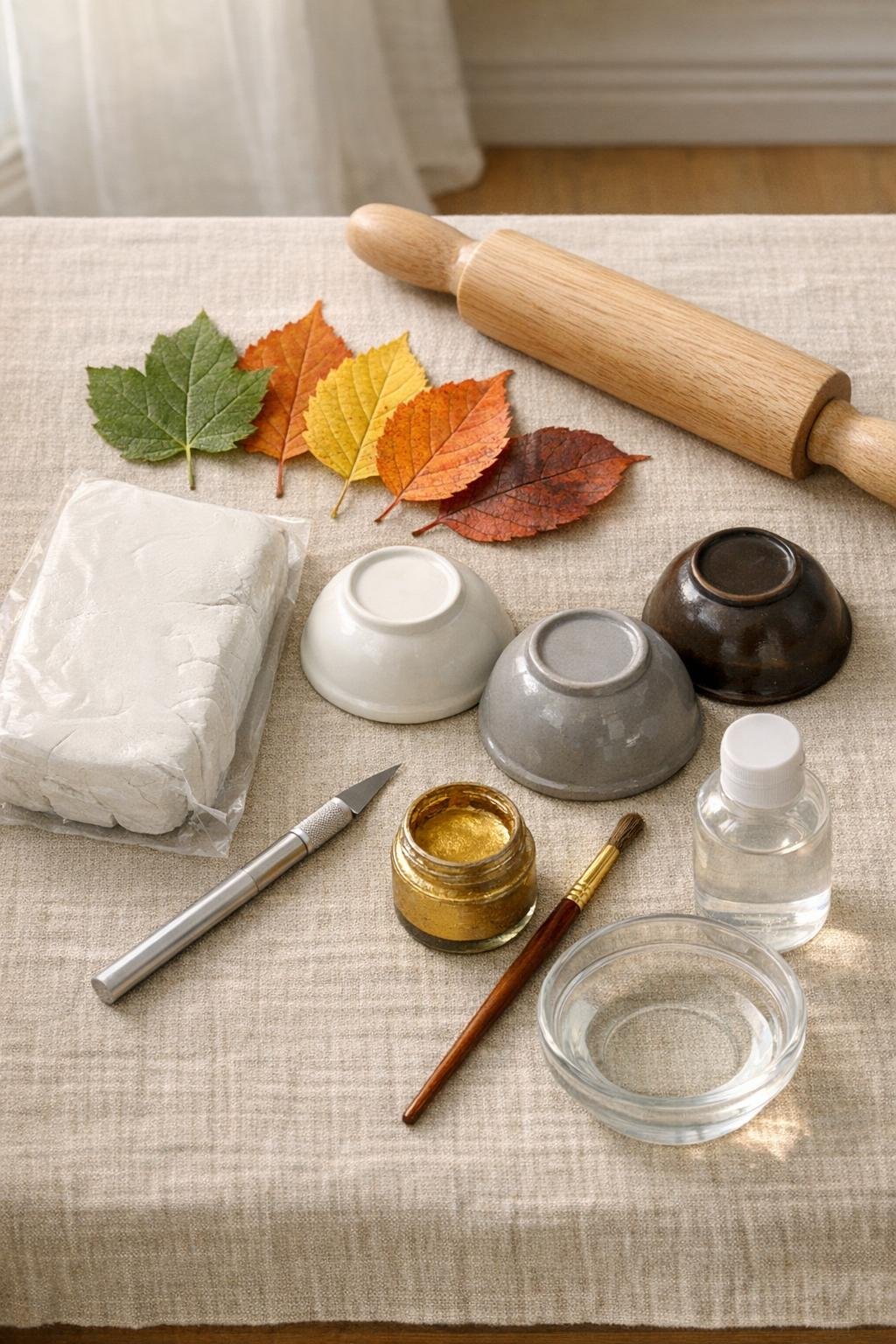 Materials for making leaf imprint clay trinket dishes