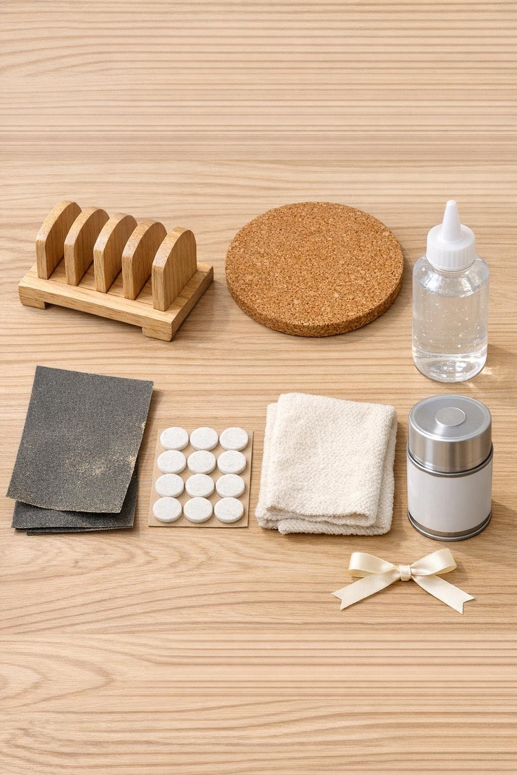 Materials for a wooden toast rack mail sorter laid out on a table