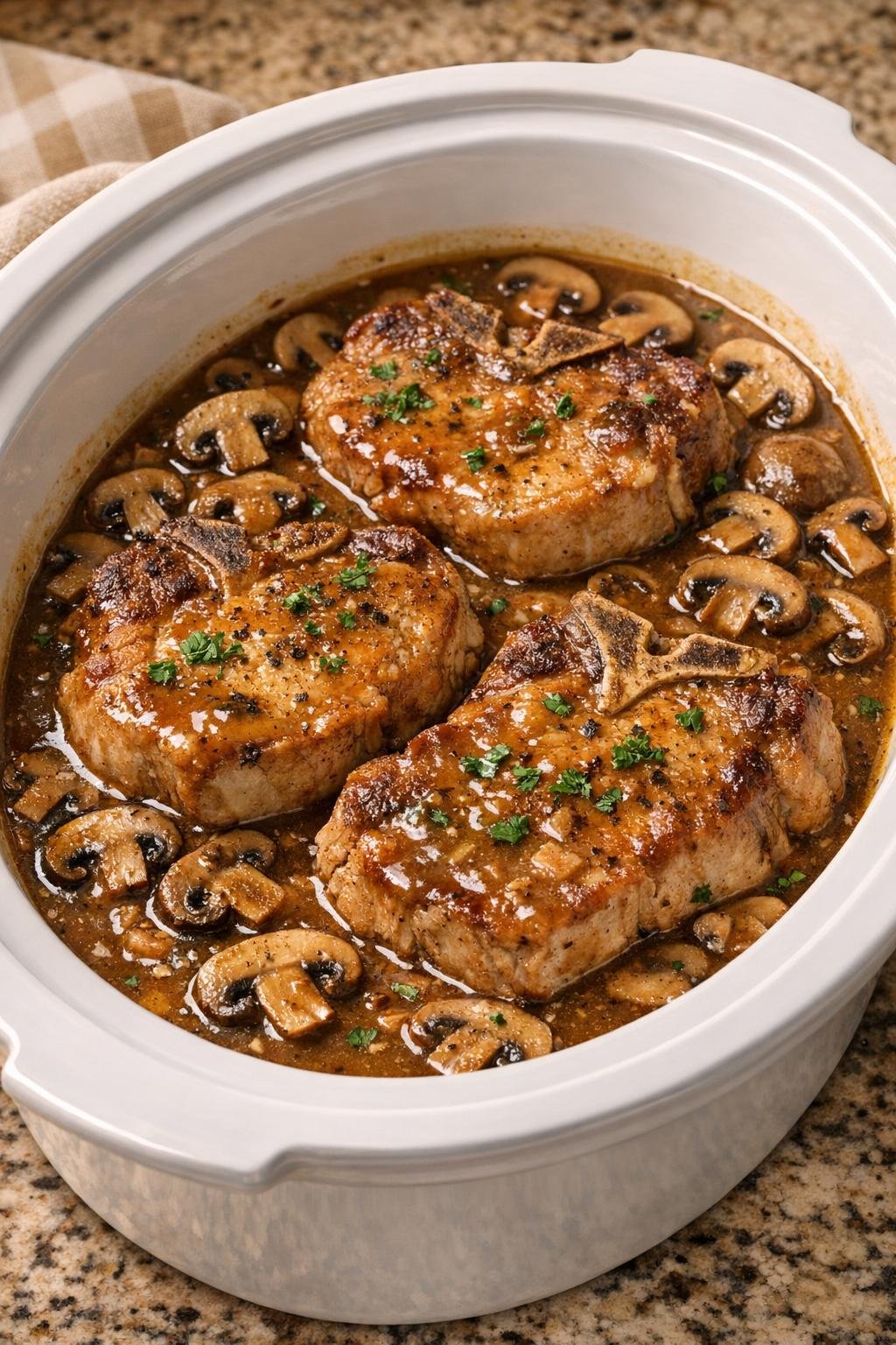 Pork chops with mushrooms in gravy