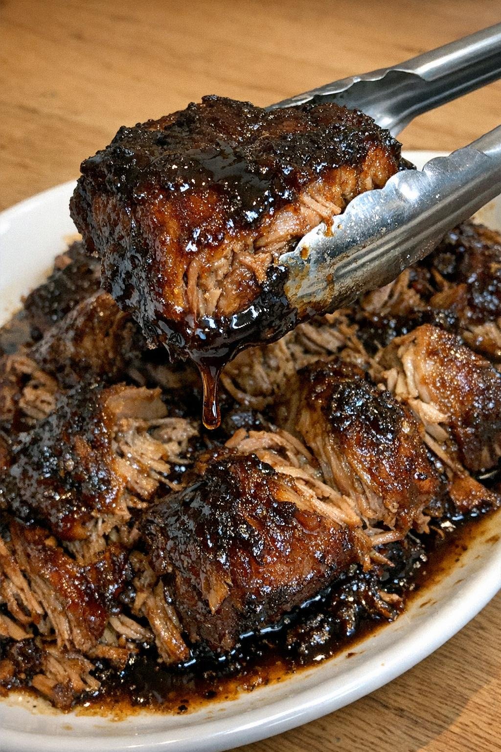 Slow cooker molasses glazed pork shoulder on a white platter