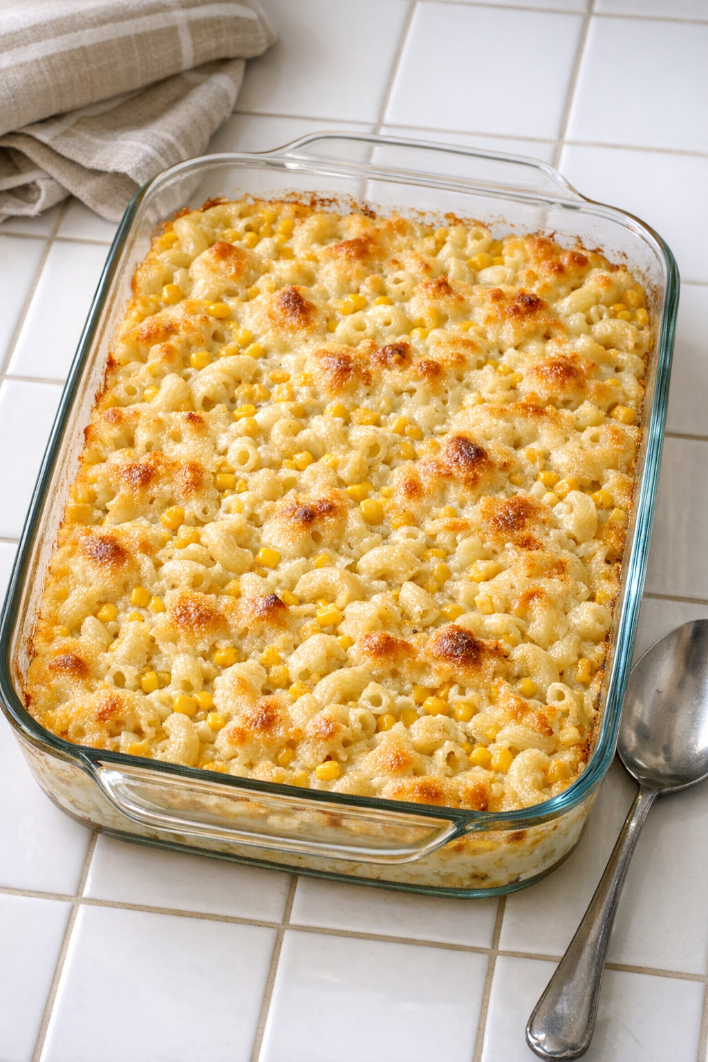 Finished Amish sweet corn macaroni baked in a glass casserole dish