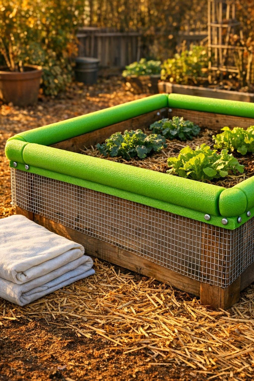 Finished raised bed insulation layer made from pool noodles and hardware cloth in a fall garden