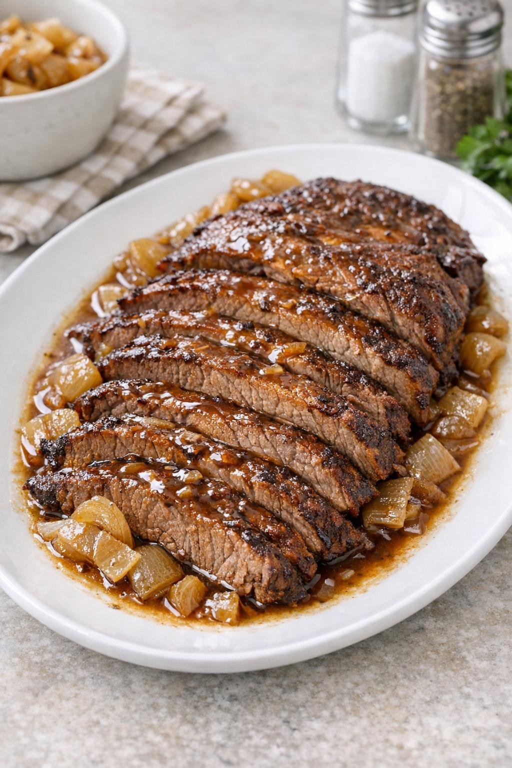 Finished slow cooker beef brisket plated with juices