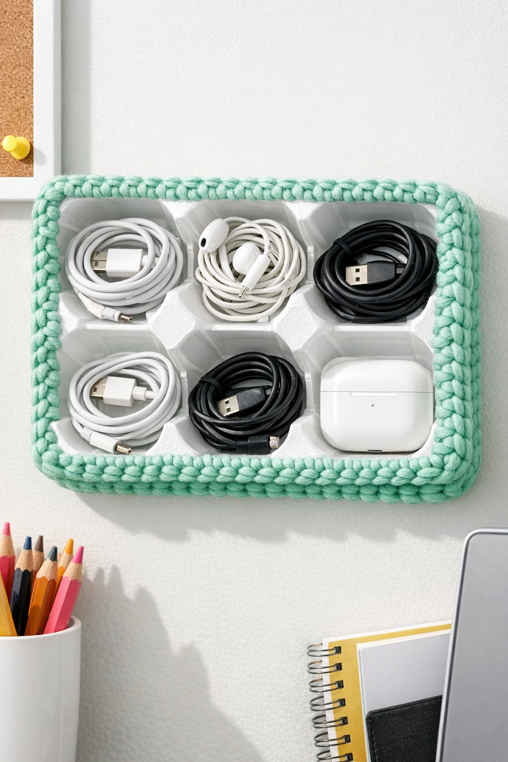 Finished mint green crochet egg carton cord organizer mounted on a wall