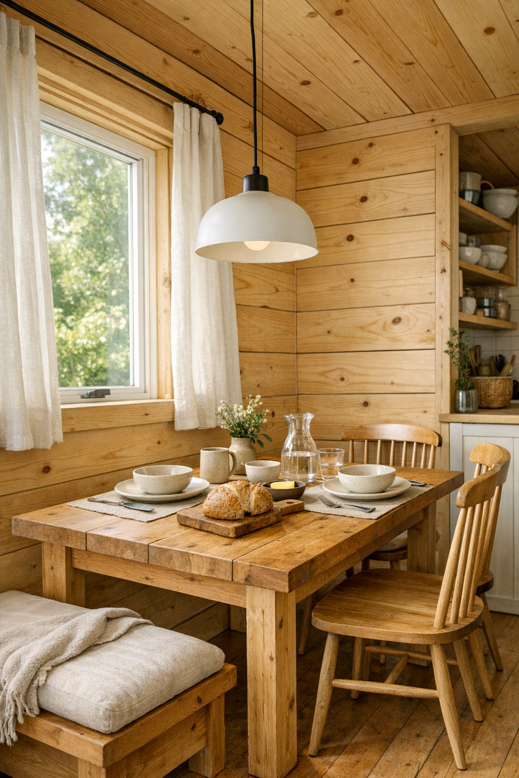Compact dining area with a handcrafted pine table, bench seating, spindle-back chairs, and soft pendant lighting