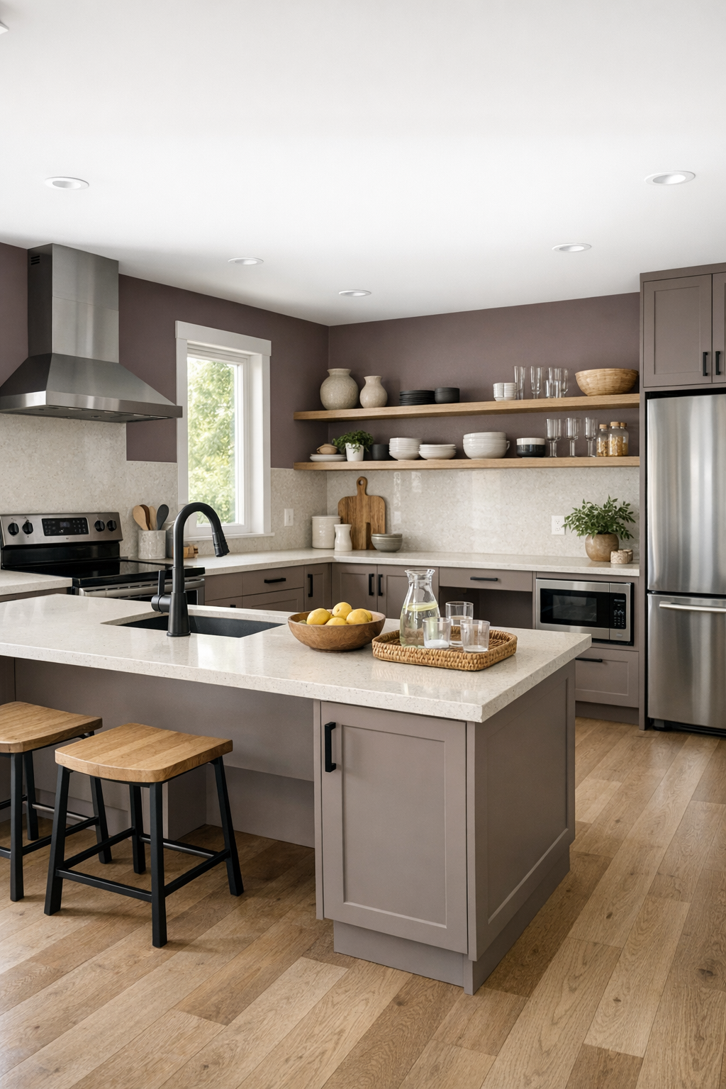 Modern accessible kitchen with taupe cabinets and white oak shelving