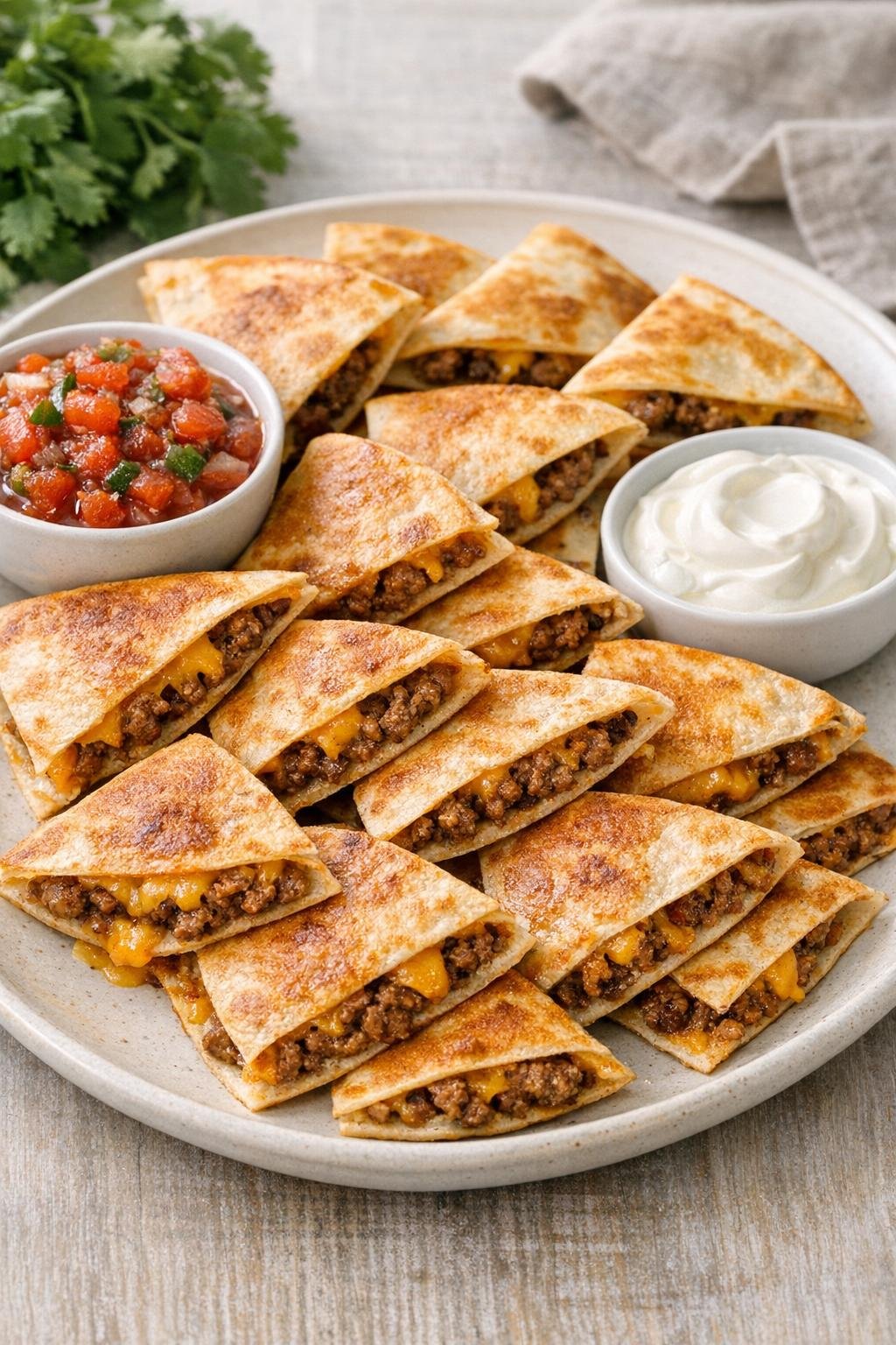 Plated beef quesadilla wedges with dipping sides