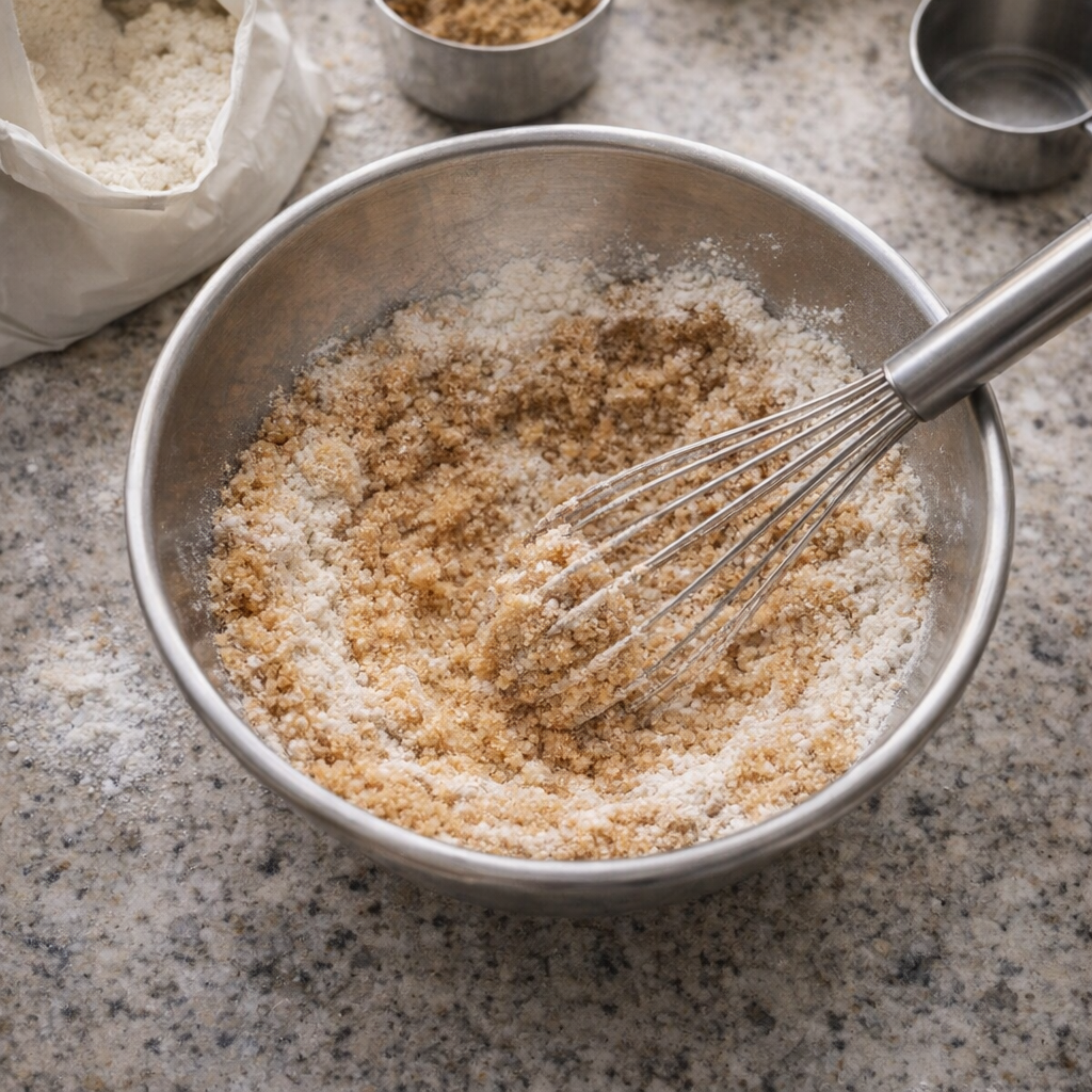 Brown sugar and flour being whisked in a mixing bowl