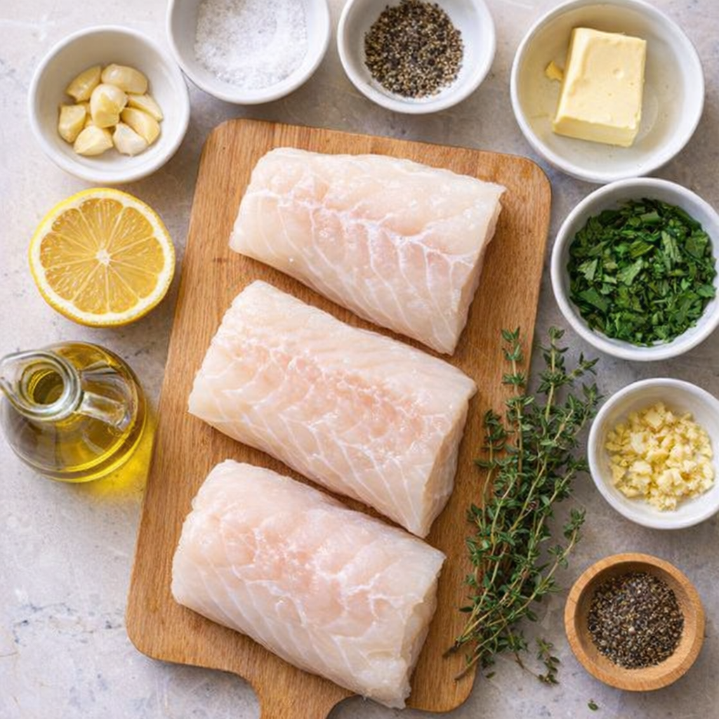 Ingredients for seared cod laid out on counter