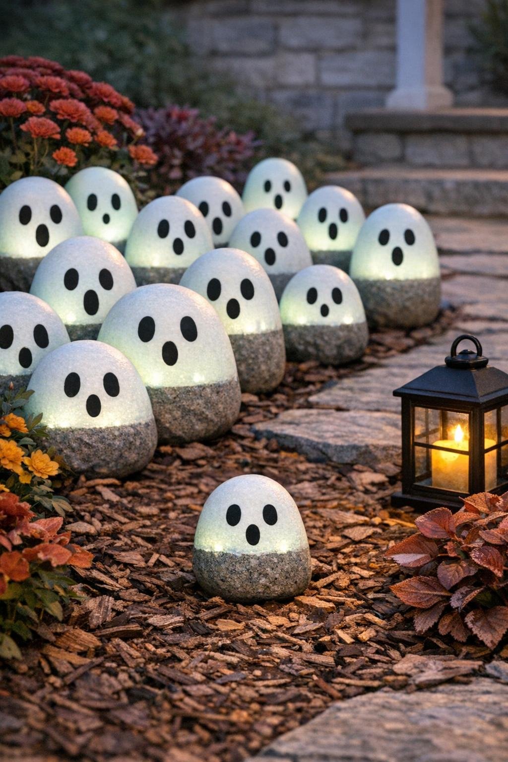 Finished glowing ghost rocks displayed along a garden path