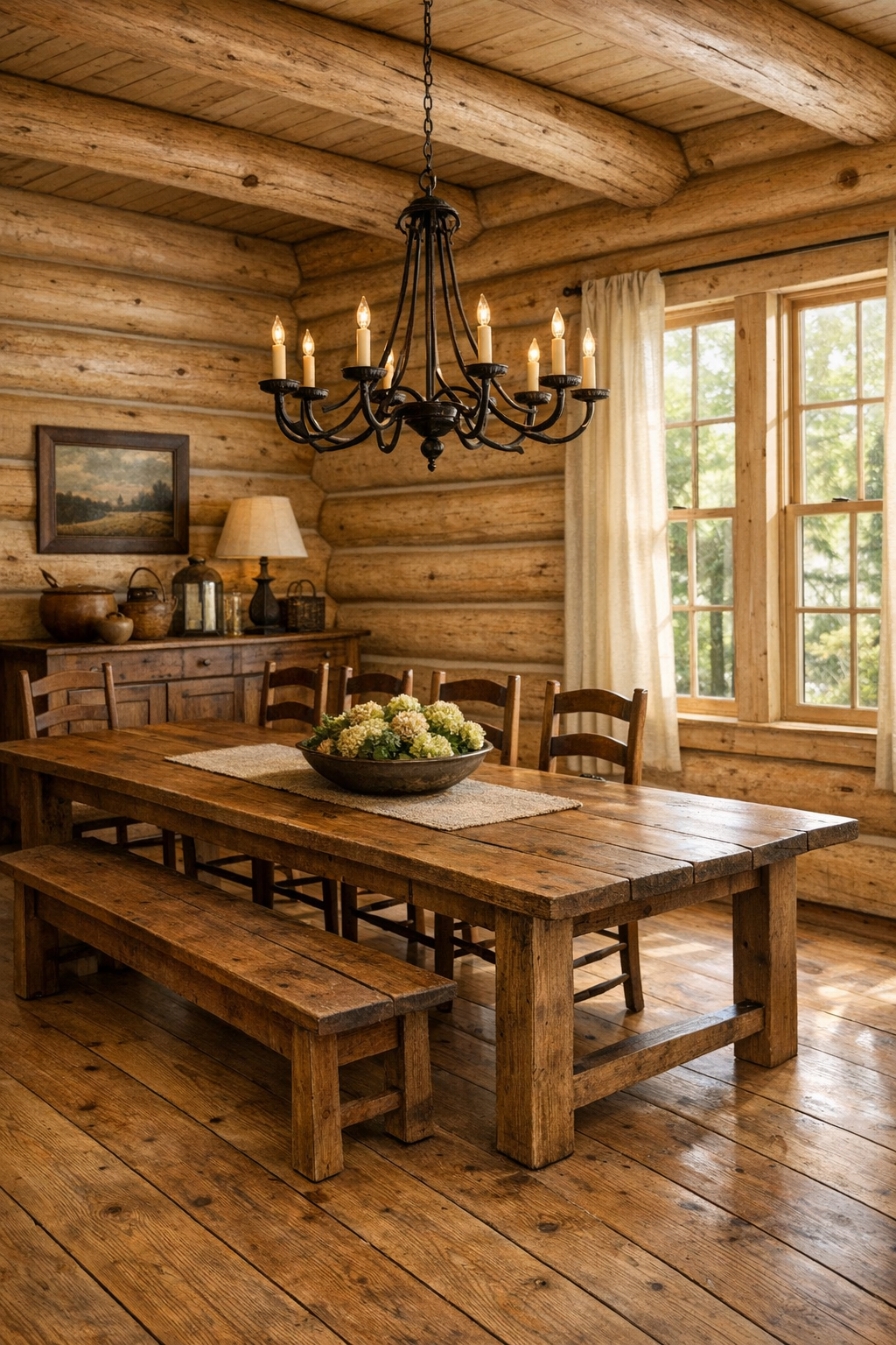 Dining room with a farmhouse table, ladder-back chairs, pine log walls, and a wrought-iron chandelier