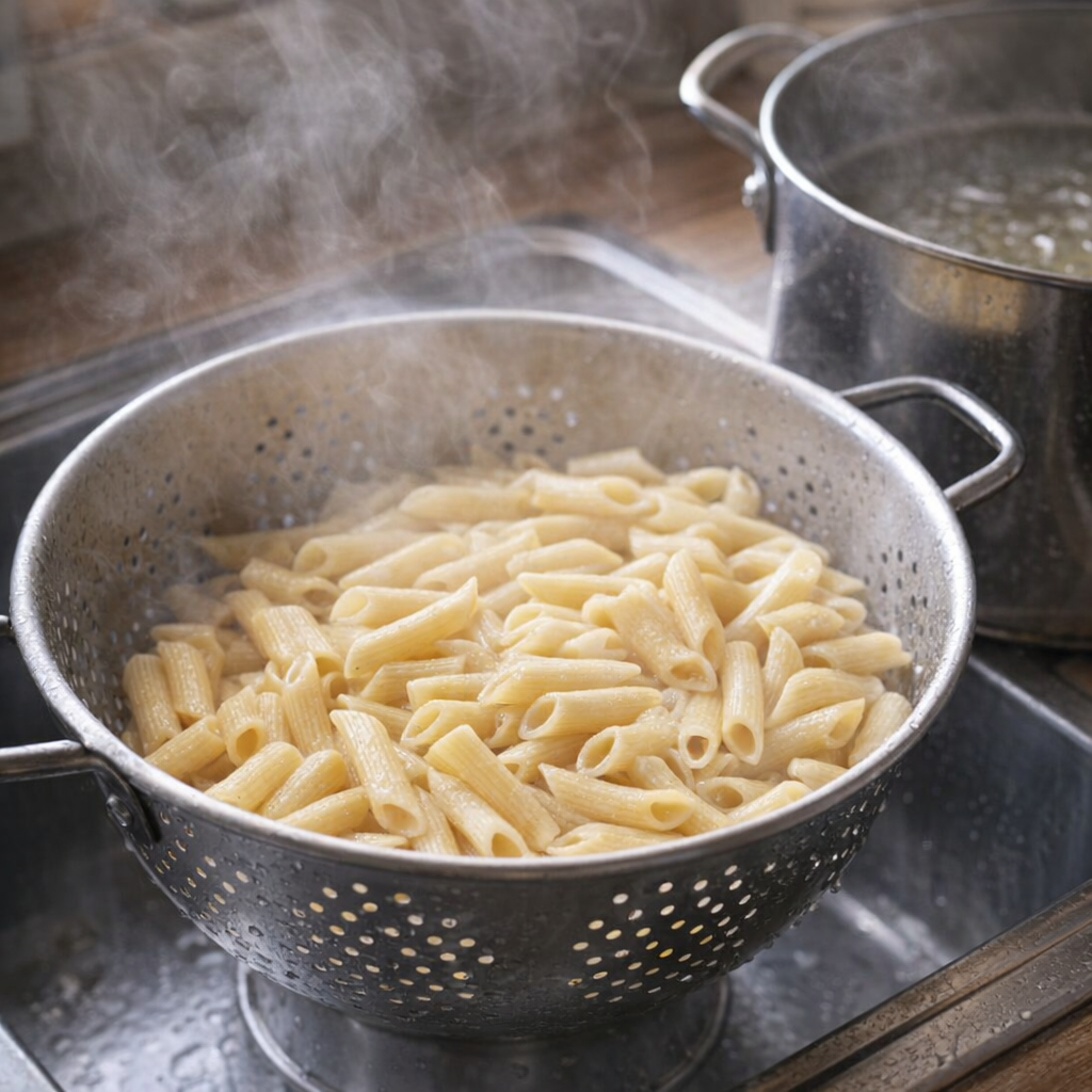 Penne pasta notecina caurdurī blakus krājumu katlam