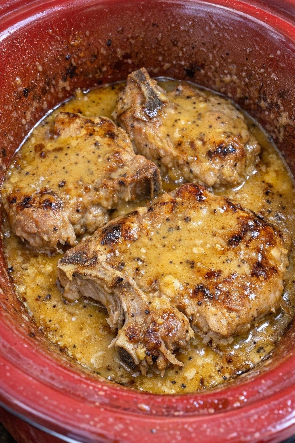 Finished honey mustard pork chops in the slow cooker