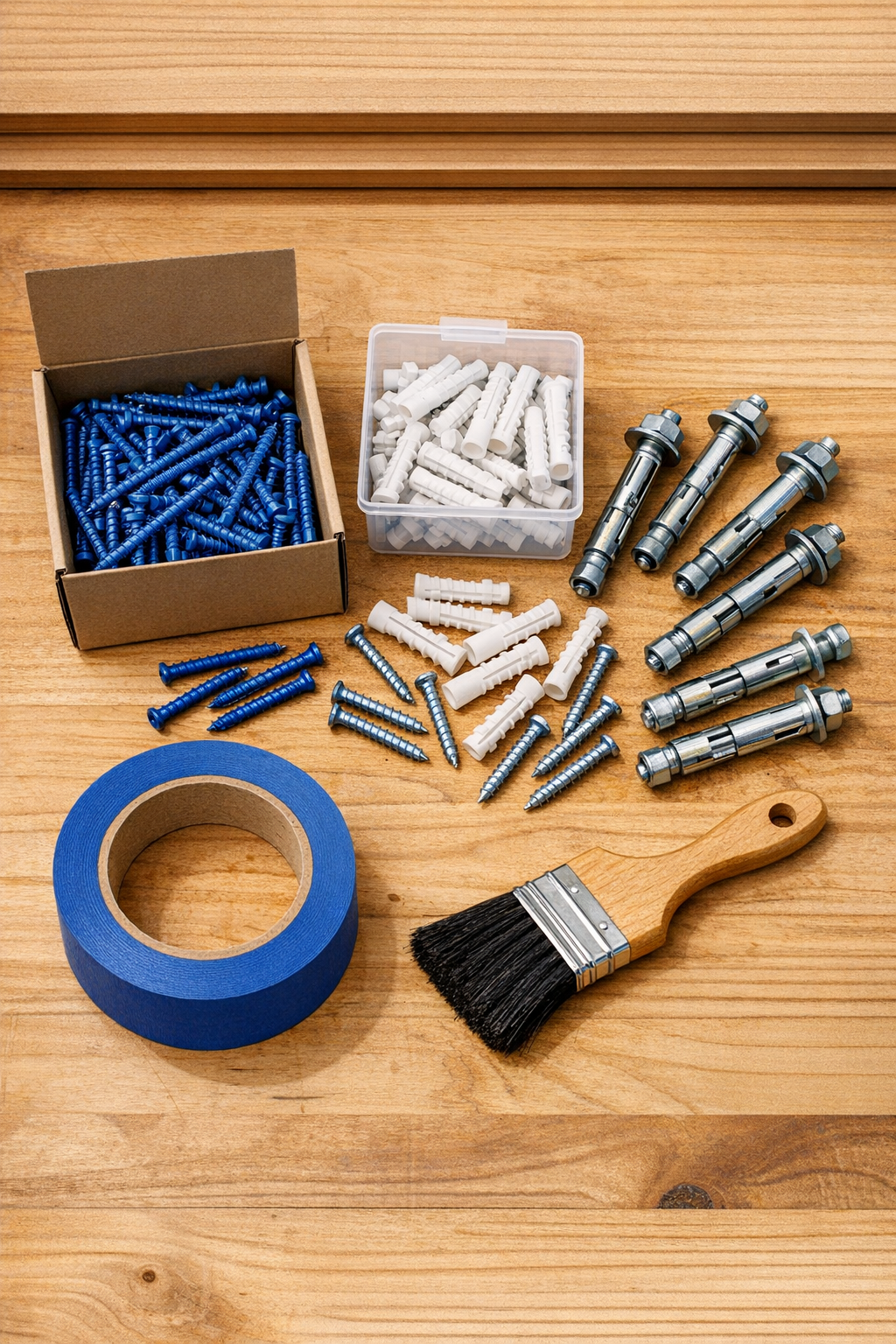 Masonry anchor materials laid out on a work surface