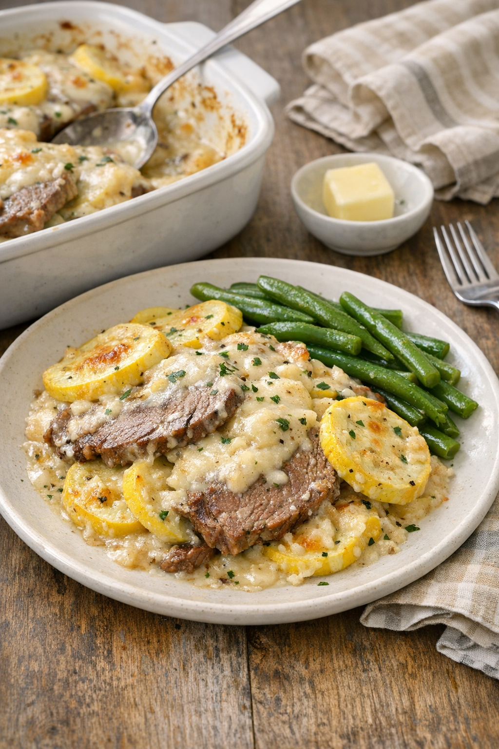 Finished Amish beef and squash bake plated for dinner