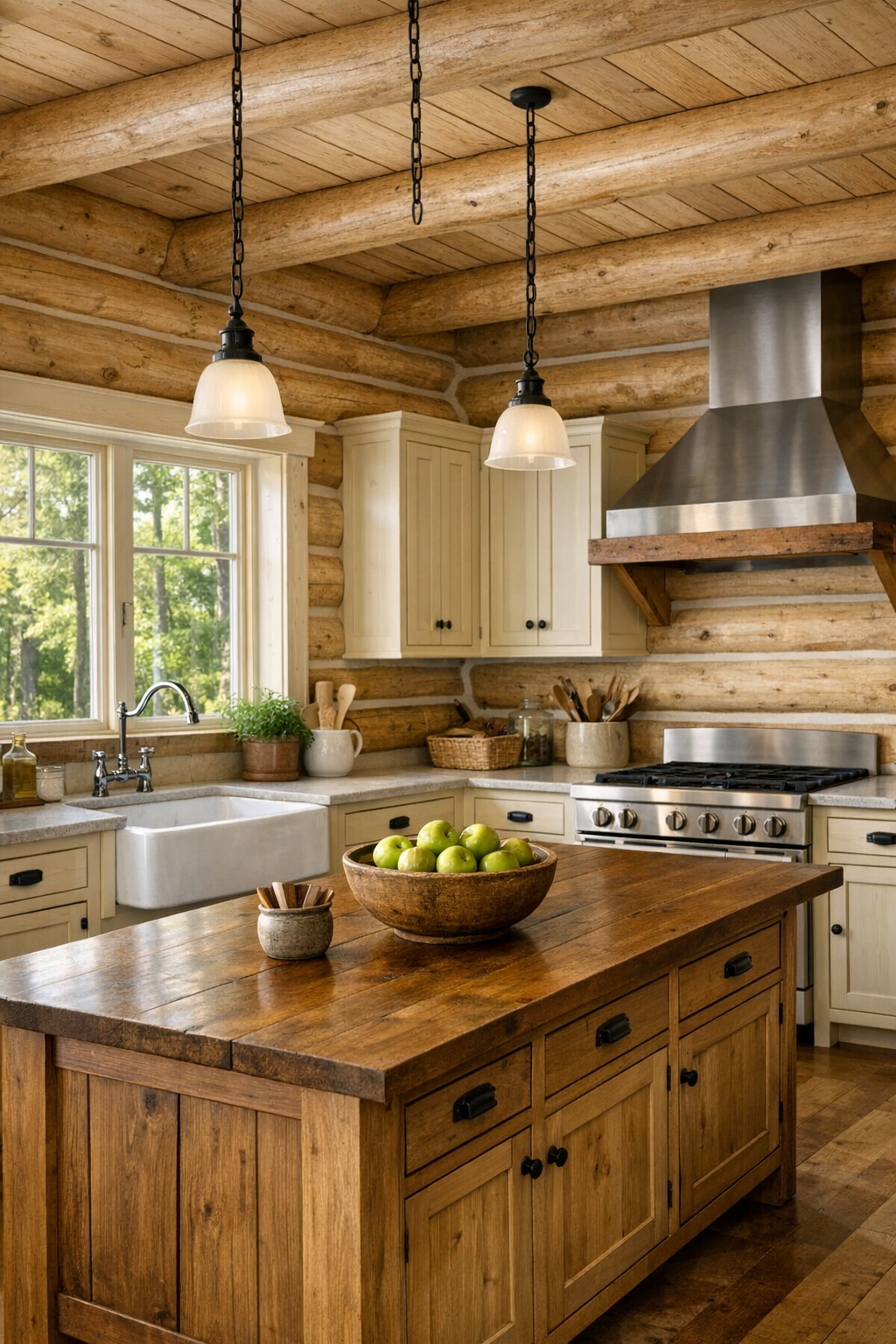 Warm traditional kitchen with painted cabinets, wood island, and log walls