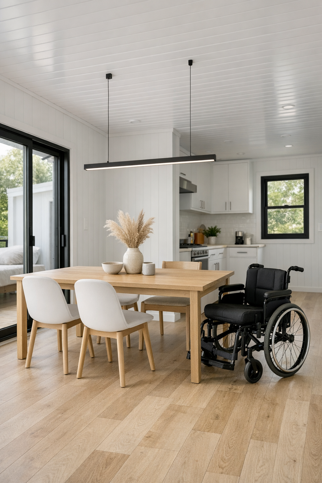 Open modern dining room with a light wood table and wide circulation space