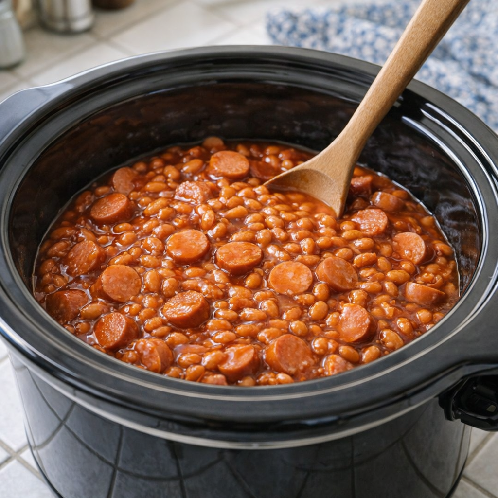 Slow cooker beanie weenies in a casual kitchen setting