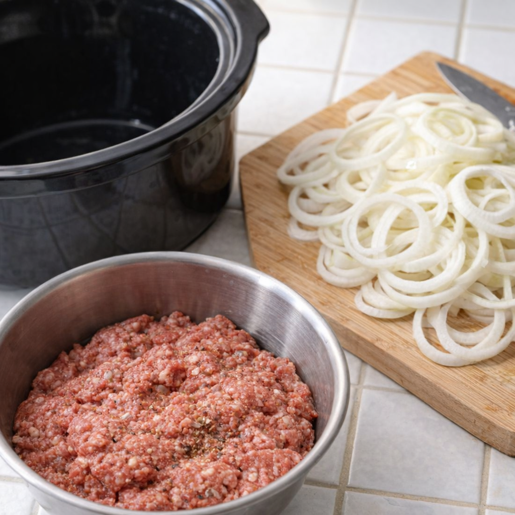 Seasoned ground beef and sliced onions ready for slow cooker