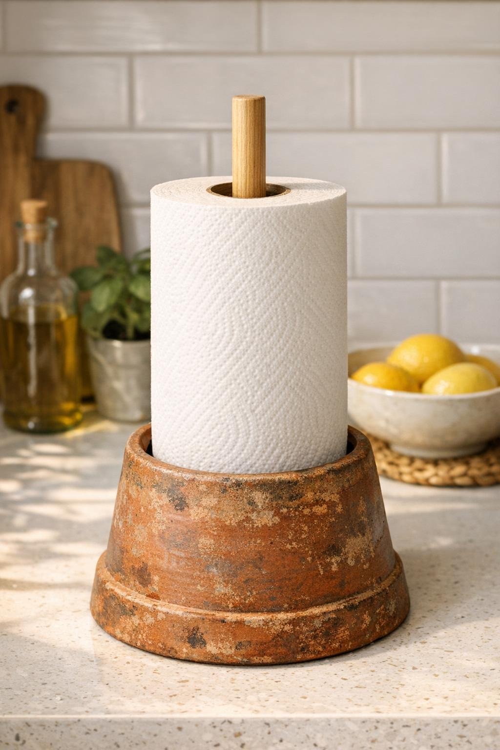 Finished terracotta pot paper towel station on a kitchen counter