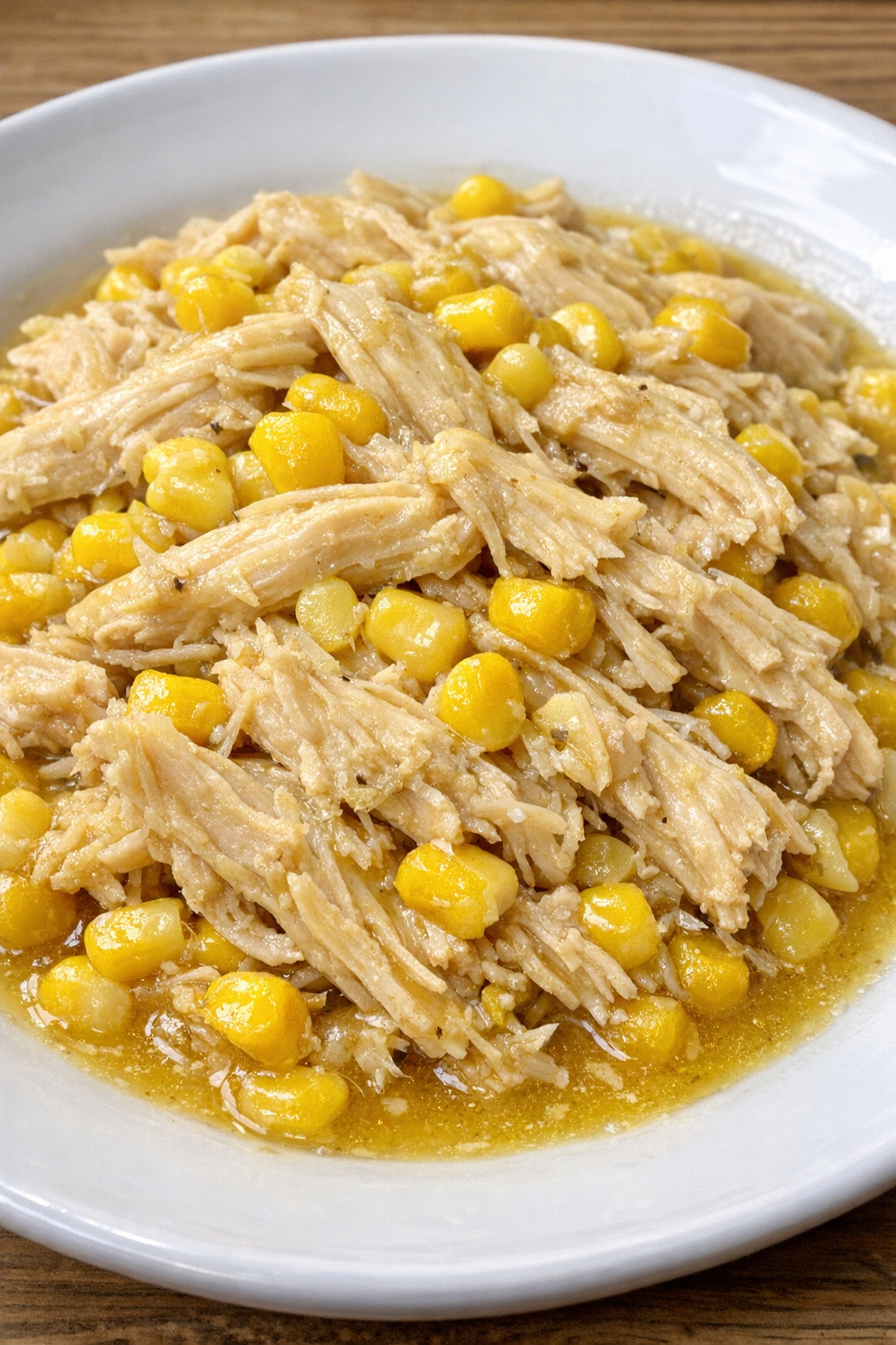 Slow cooker Amish chicken and sweet corn plated on a white ceramic plate