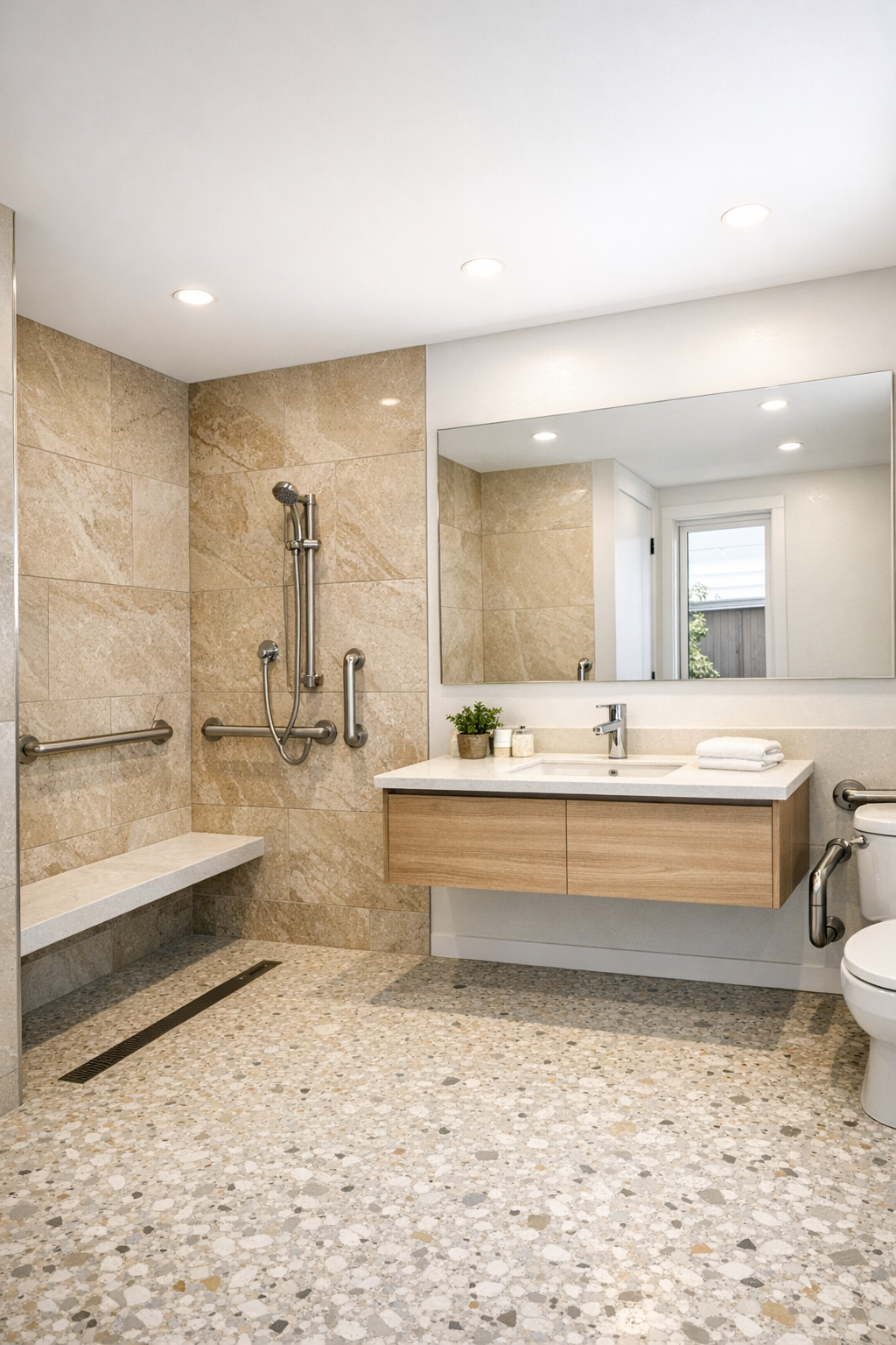 Accessible bathroom with curbless shower and warm stone finishes