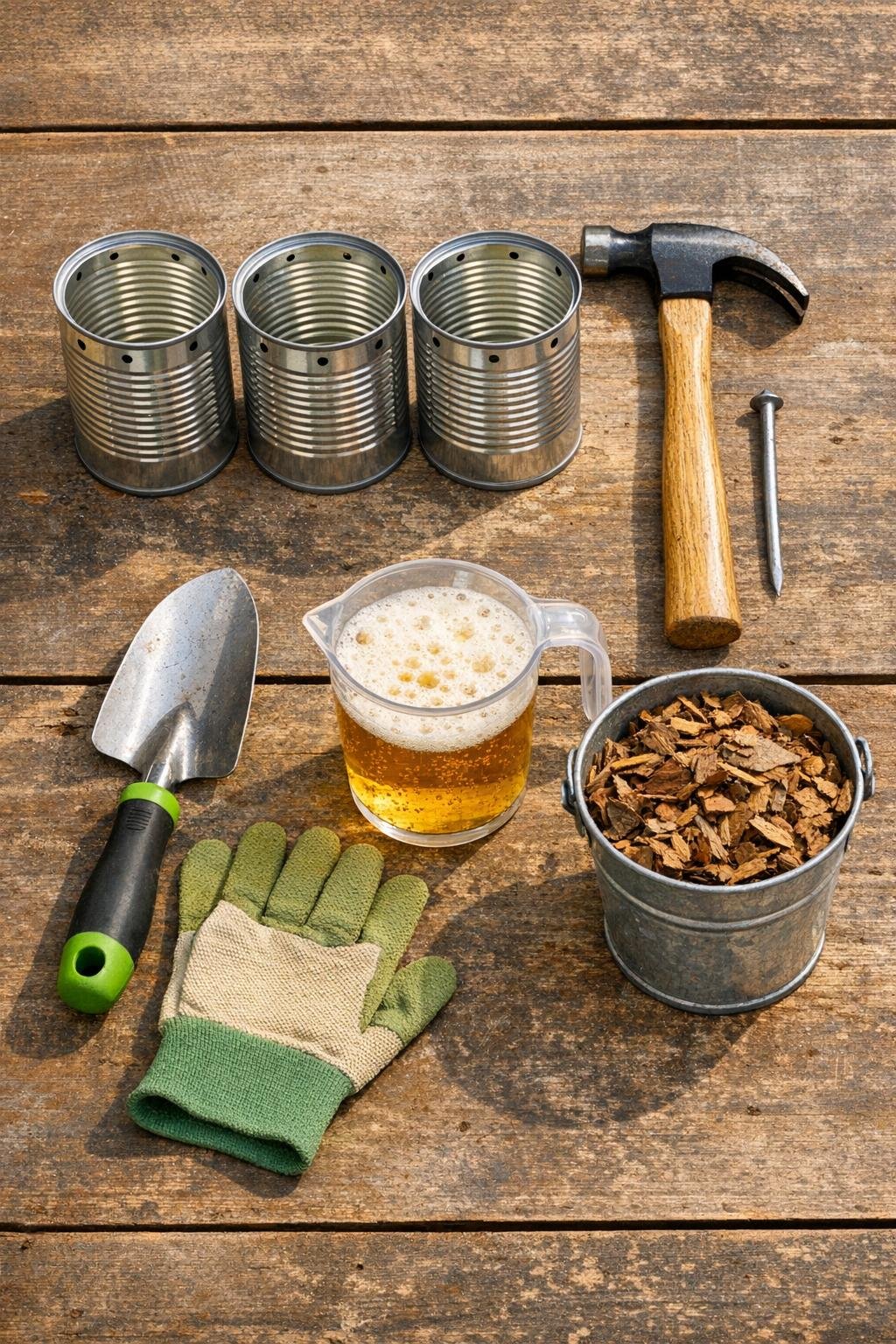 Materials laid out for three aluminum soup can slug traps