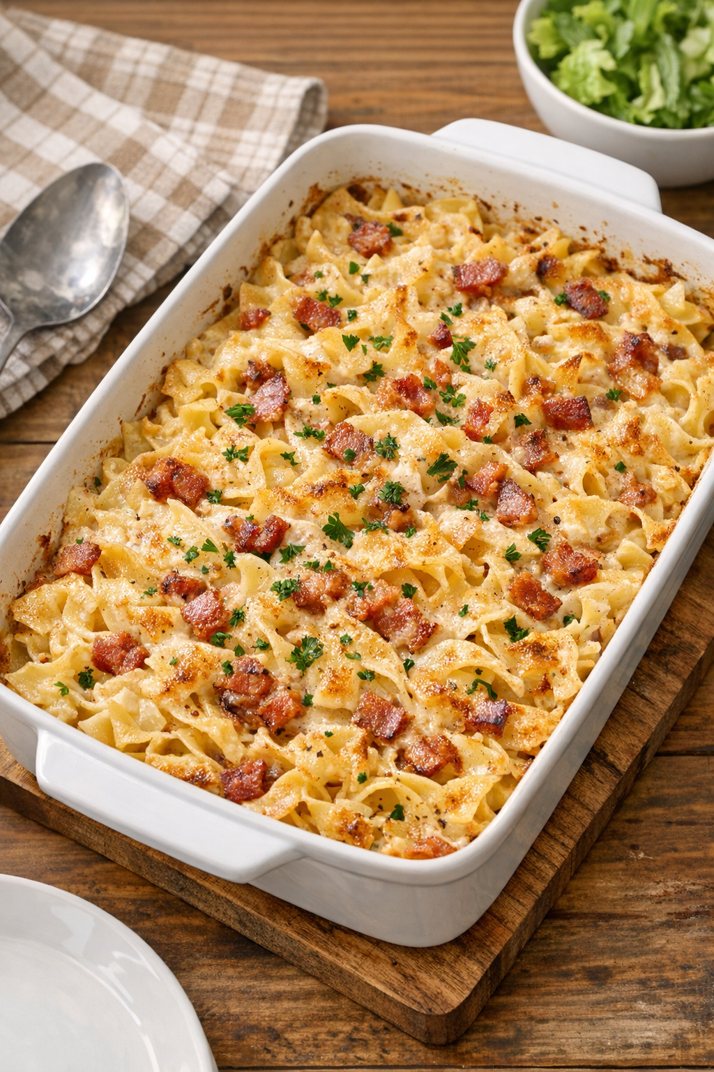 Finished baked creamy bacon noodles in a casserole dish