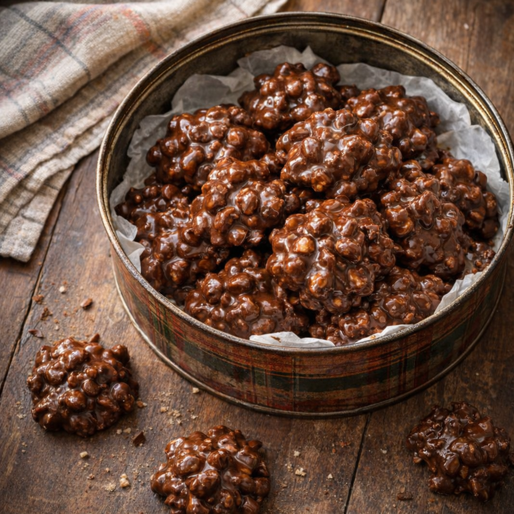 Chocolate peanut clusters in a vintage tin on a farmhouse table