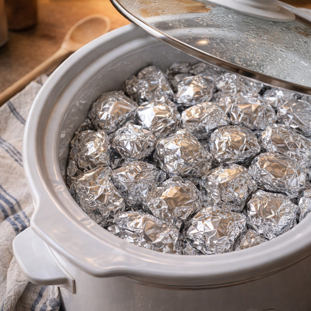 Slow cooker filled with foil parcels ready to cook