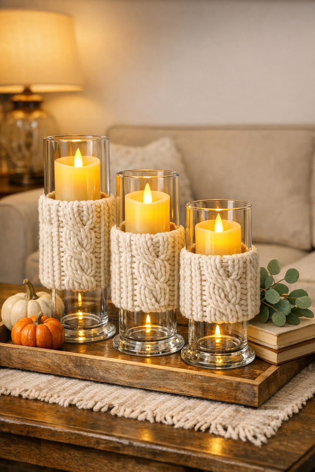 Completed autumn knit candle cozy holders styled in a living room