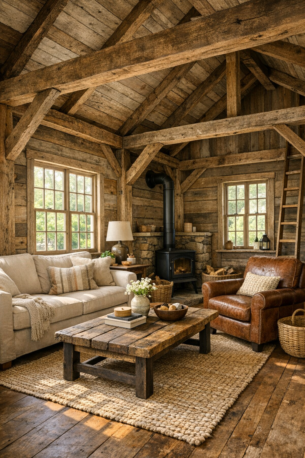 Warm barn-style tiny home living room with exposed beams, linen seating, and reclaimed wood furniture