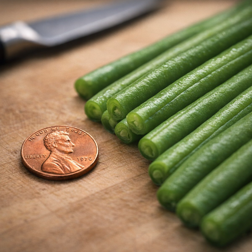 Close view of an old copper penny beside trimmed green beans