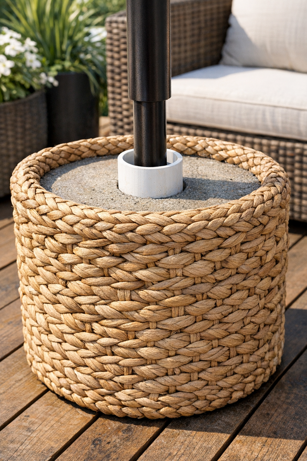 Finished woven basket patio umbrella stand with white PVC center tube