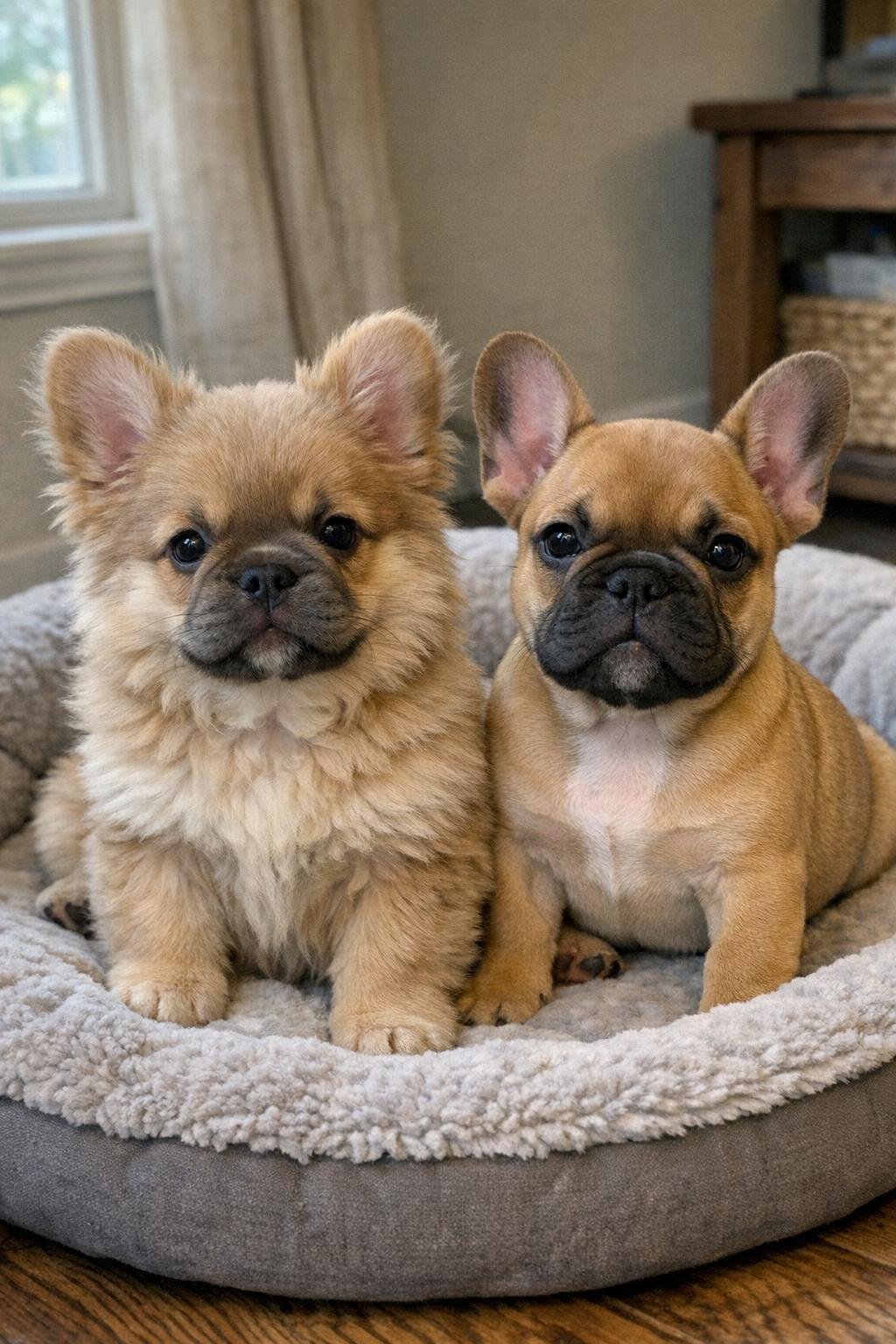 A fluffy long-haired fawn French Bulldog puppy next to a smooth-coated fawn littermate