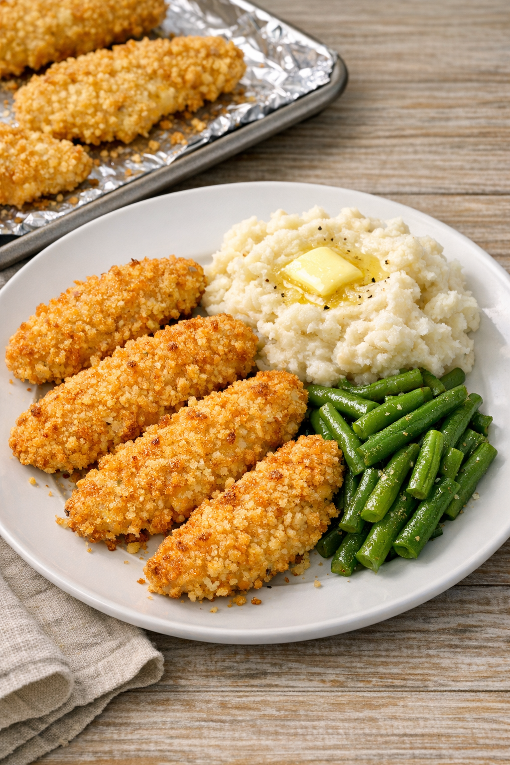 Finished golden crisp chicken tenders on a plate