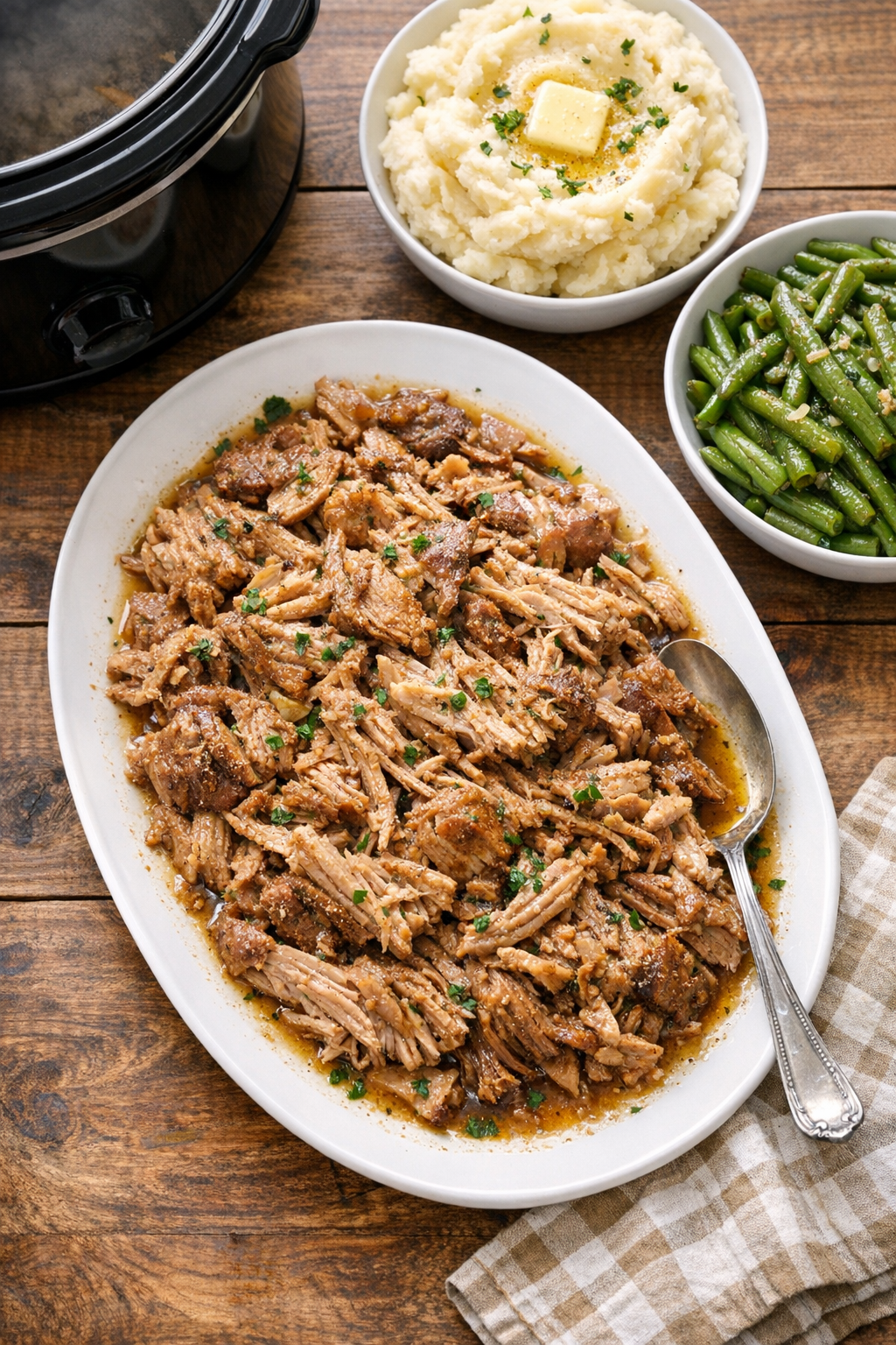 Finished slow cooker Boston butt roast plated with sides