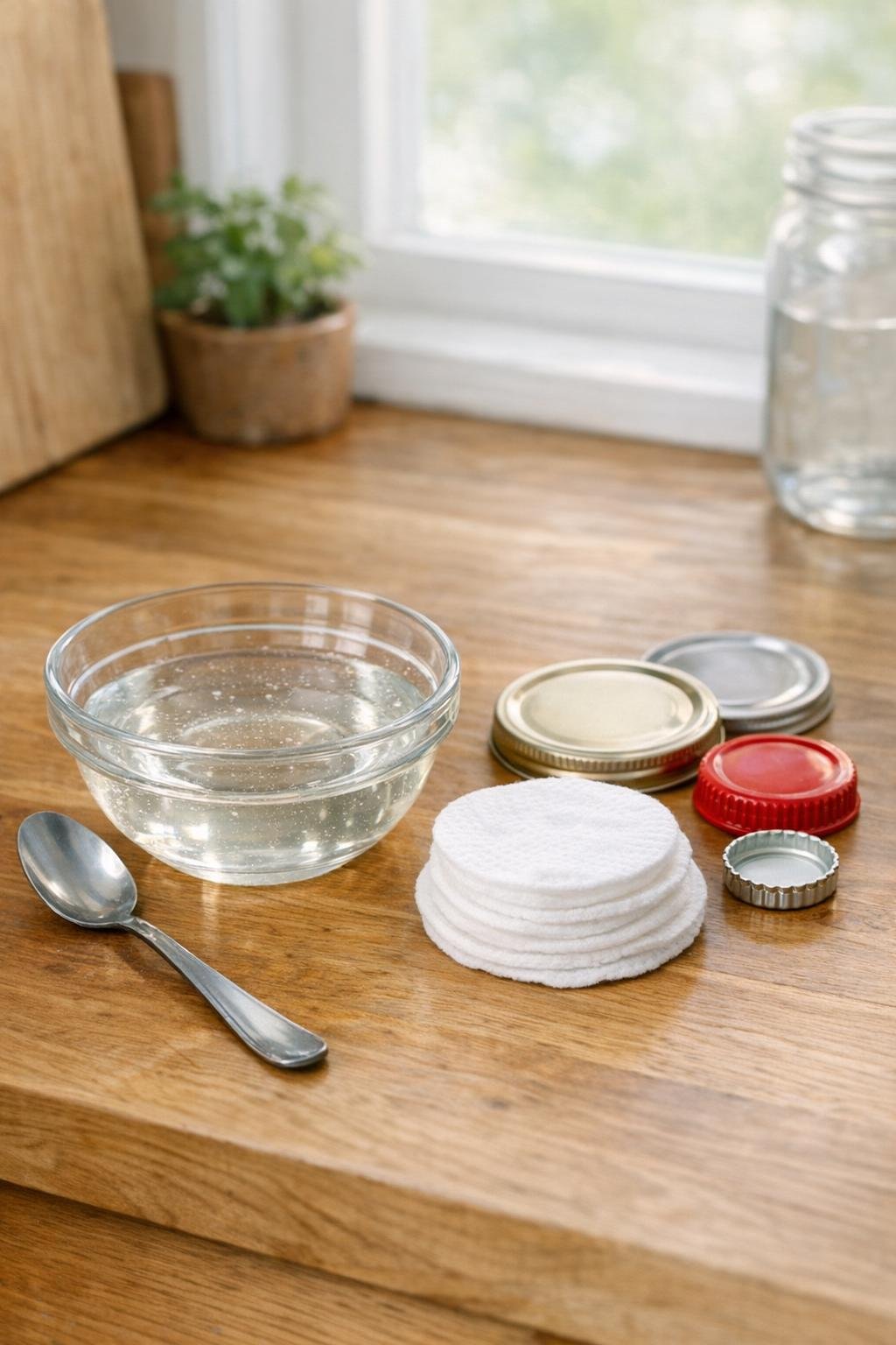 Homemade ant bait in a small bowl with cotton rounds and jar lids