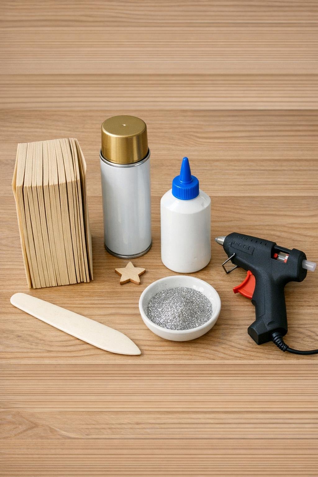 Materials for making a folded book page Christmas tree laid out on a wooden table