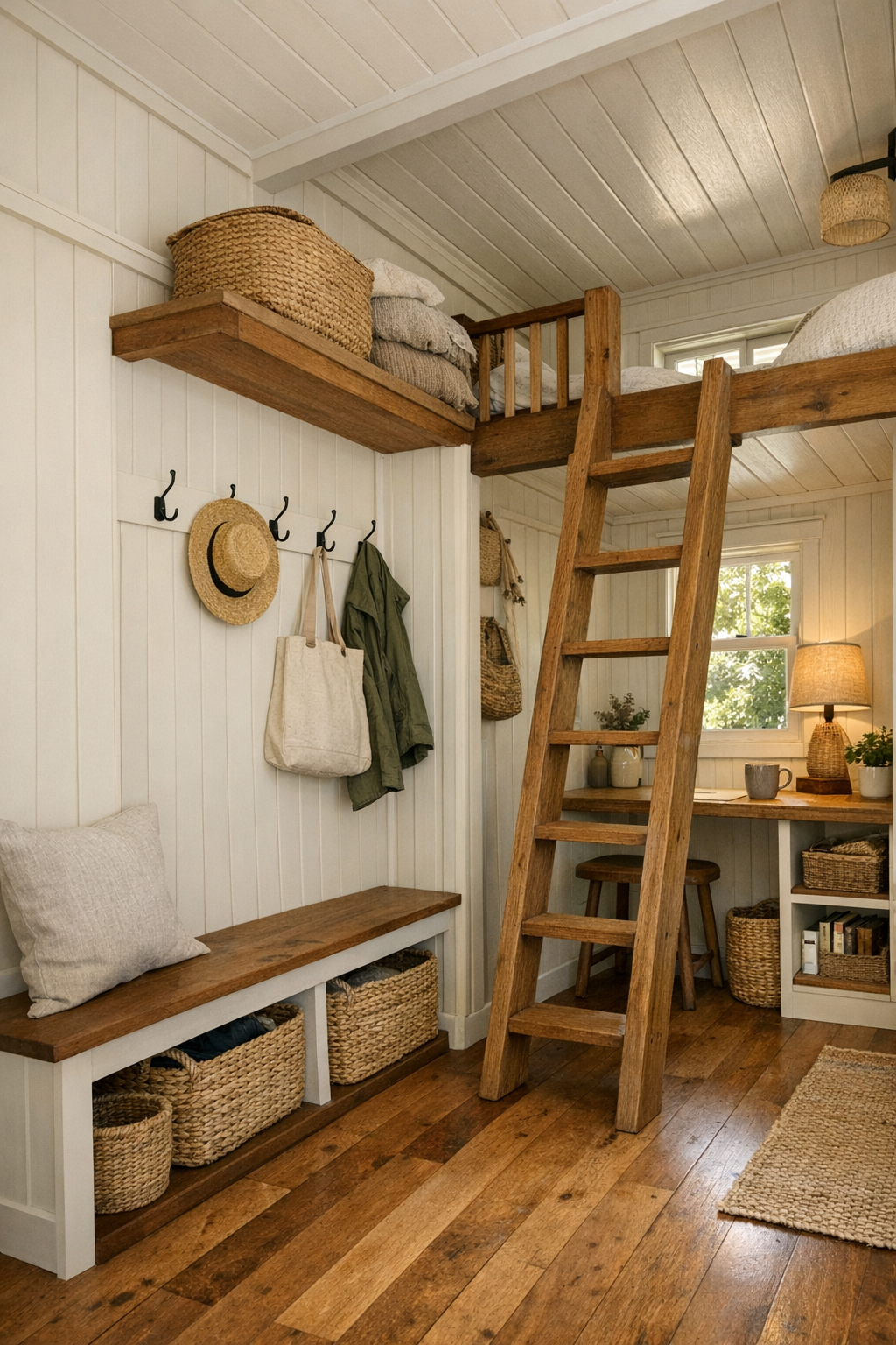 Smart tiny home entry and loft area with built-in storage, hooks, bench, and warm handcrafted details