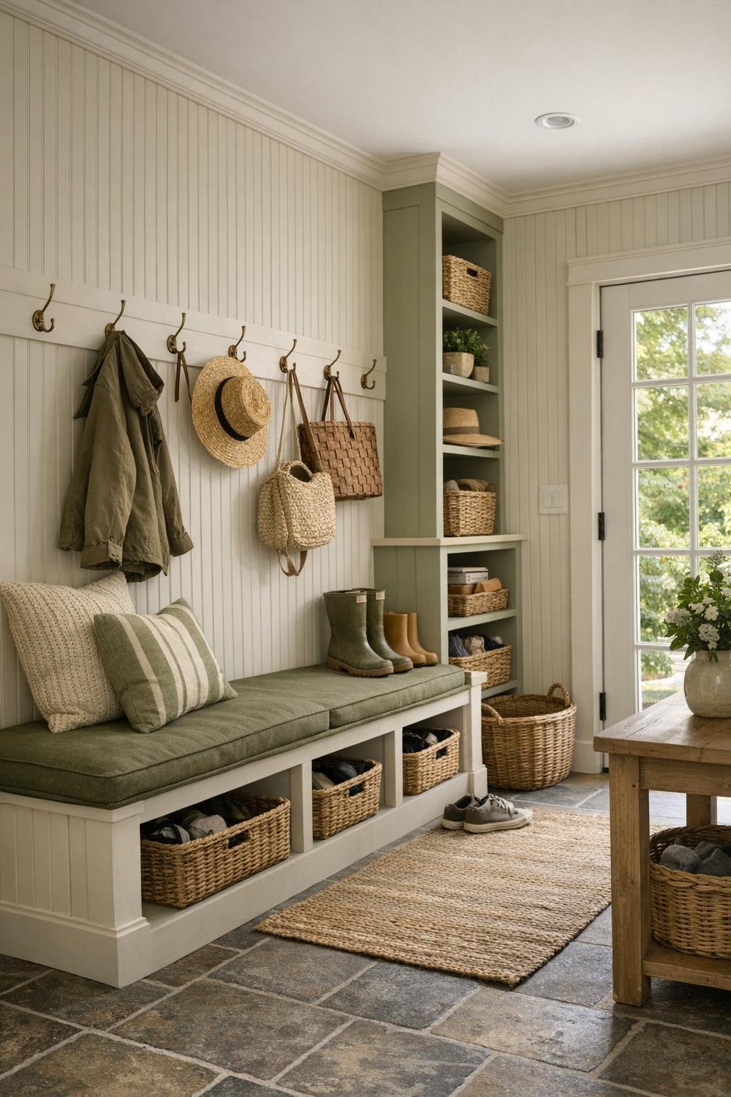 Functional cottage mudroom and hallway with beadboard, storage, and warm everyday charm