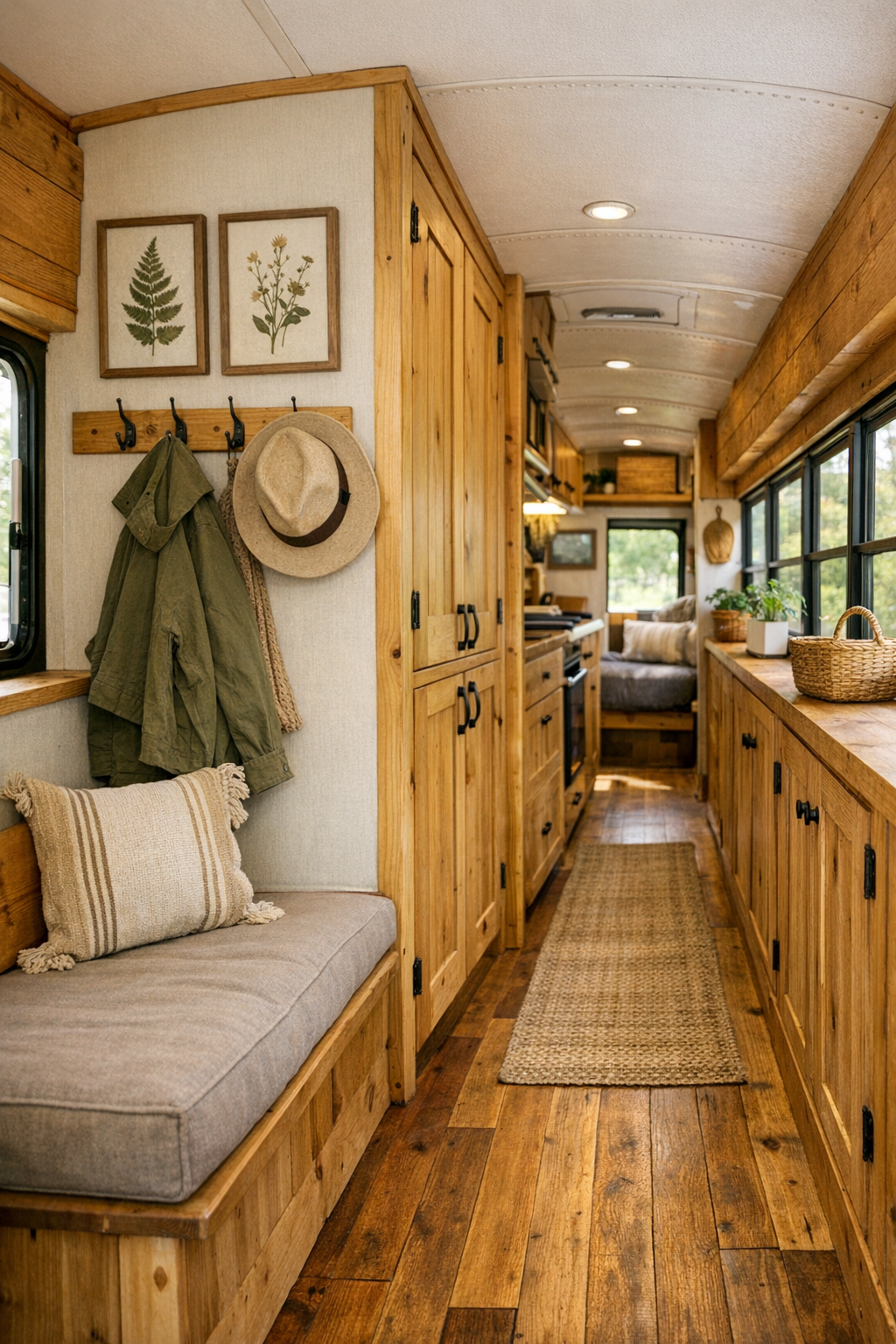 Bus entry and corridor with built-in storage, hooks, and rustic details