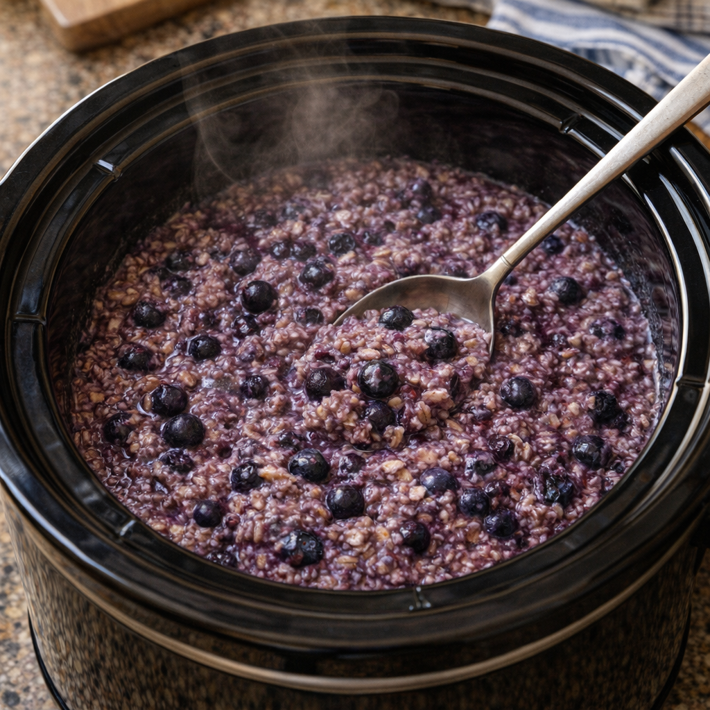 Dump frozen blueberries over dry rolled oats, combined with 3 more ...