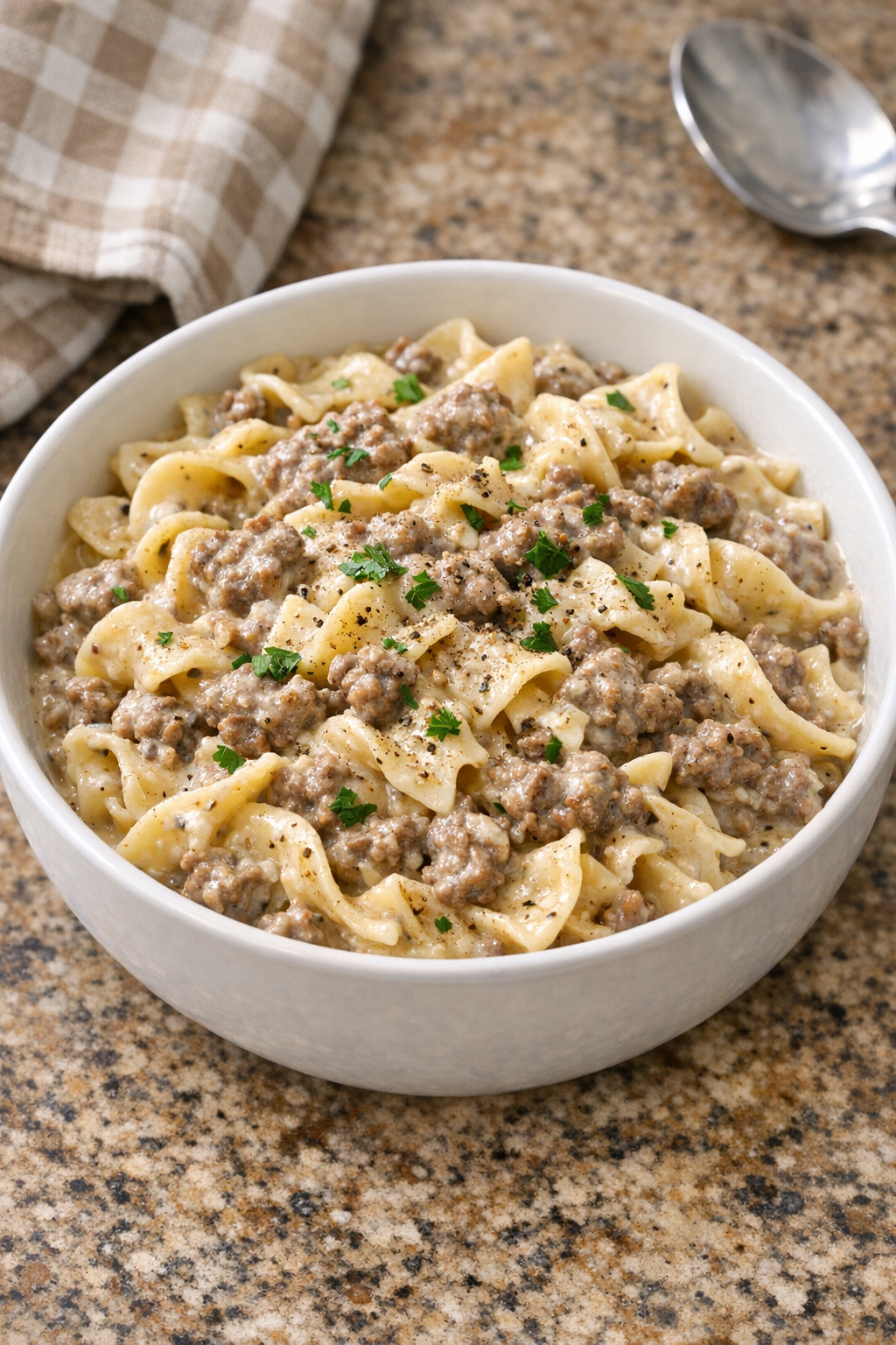 Finished poor man stroganoff plated in a bowl