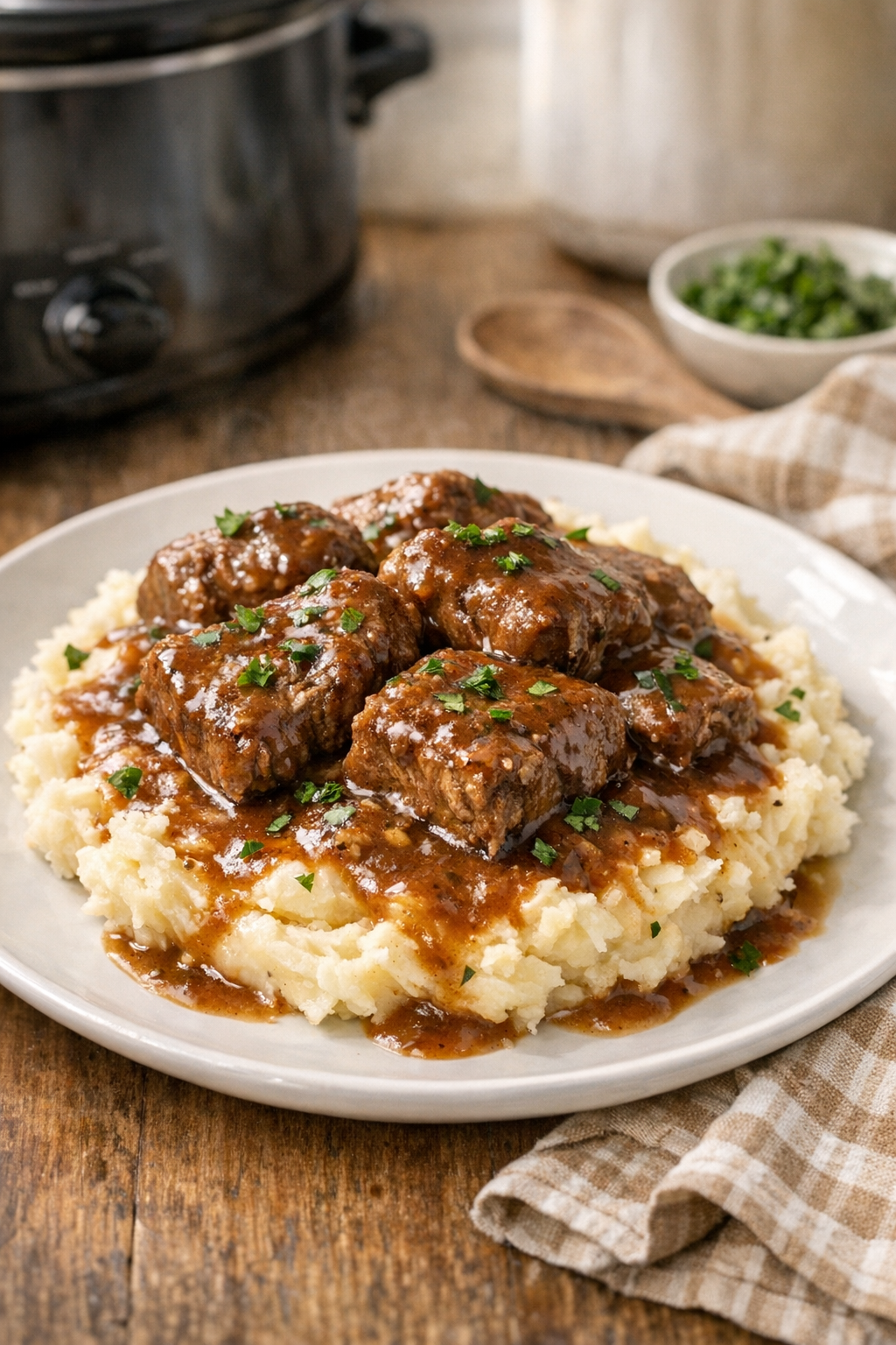 Finished slow cooker beef with gravy on mashed potatoes