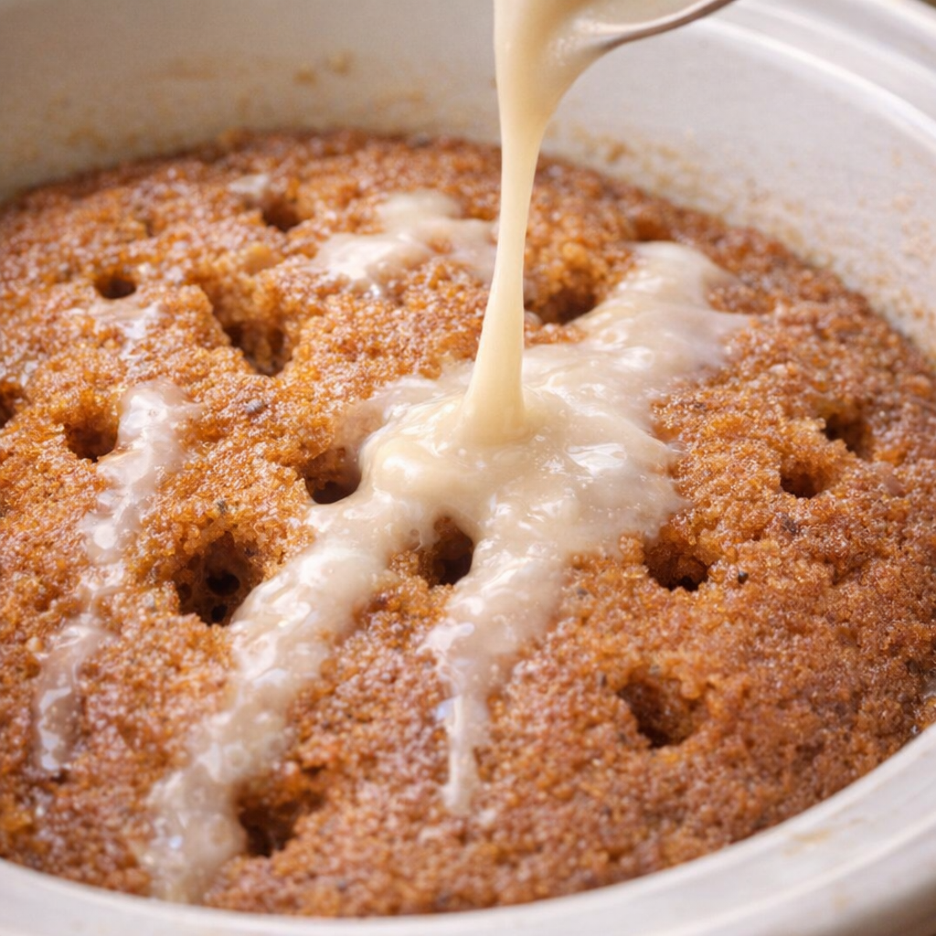 Glaze being poured over warm slow cooker cake