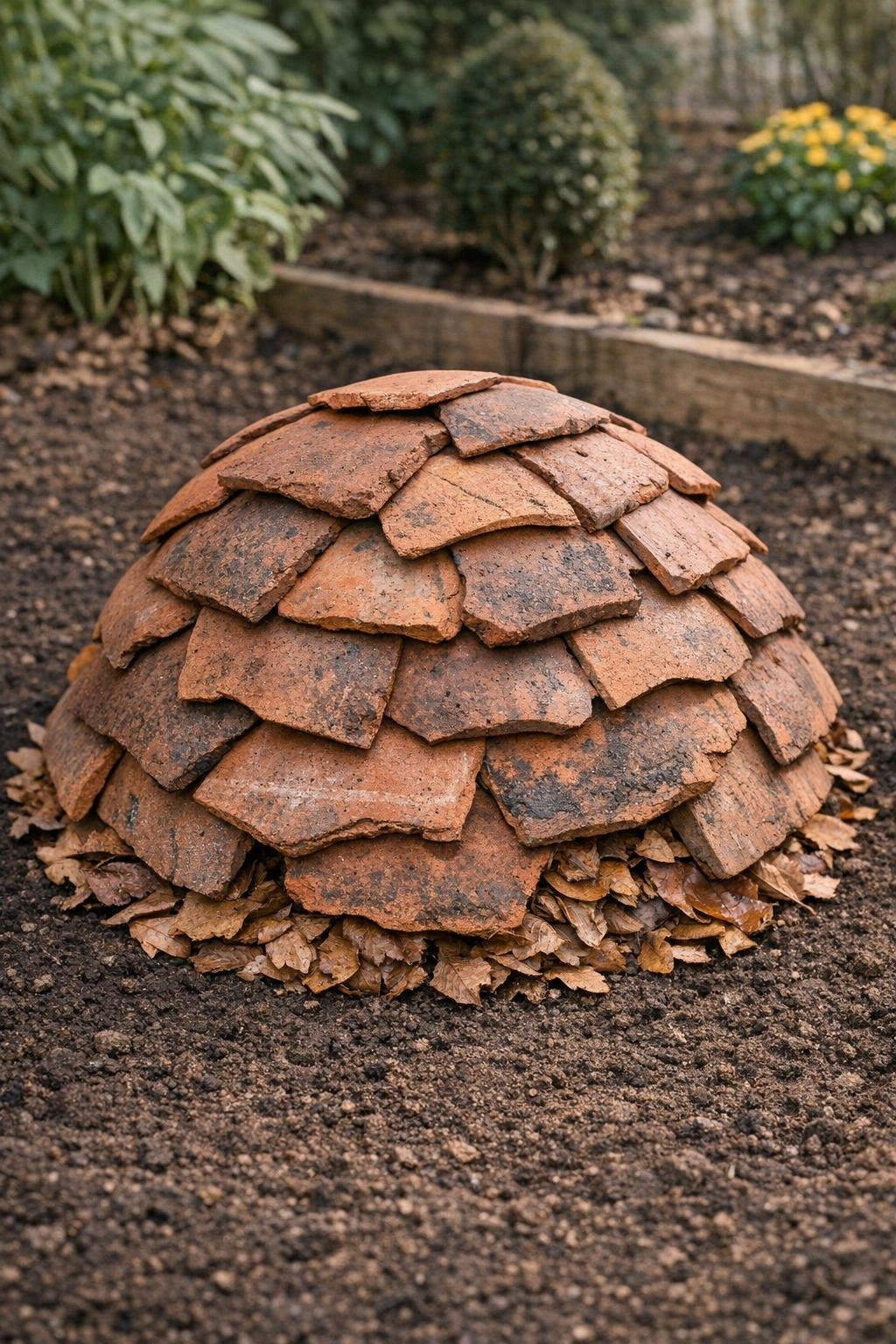 Finished terracotta and leaf frost protection cover in a garden bed