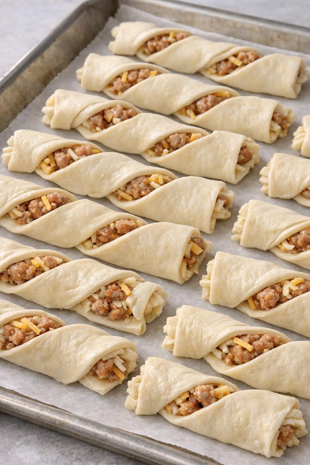 Unbaked twisted sausage pastry strips on baking sheet