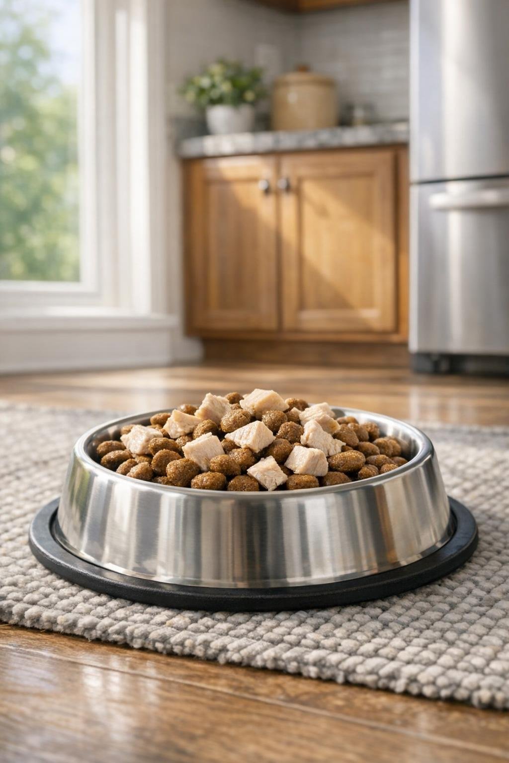 Plain chopped cooked chicken for a dog
